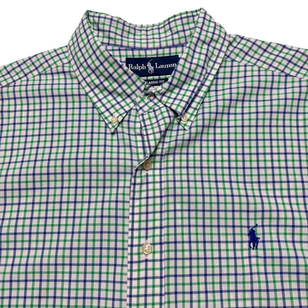 Ralph Lauren Shirt Mens XL Green Blue Check Short Sleeve Button Down Pony Logo